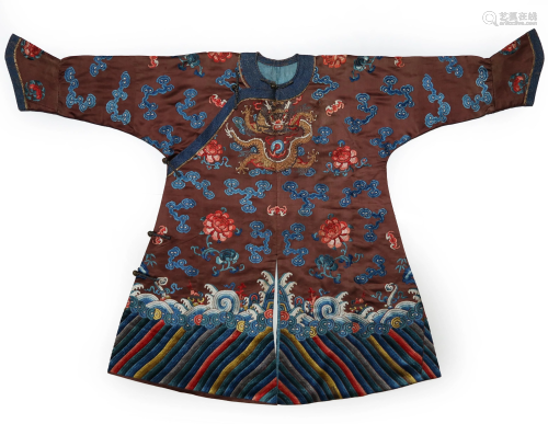 A Brown-Ground Silk Embroidered Dragon Robe