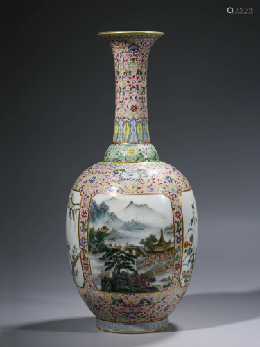 Famille Rose 'Landscape' Long Neck Porcelain Vase, Qian
