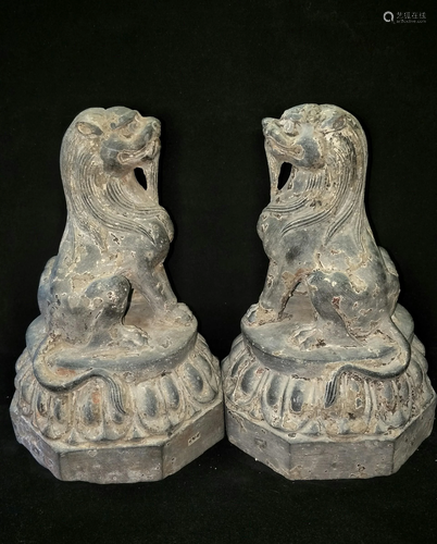 Pair Of Old Stone Beast Carving