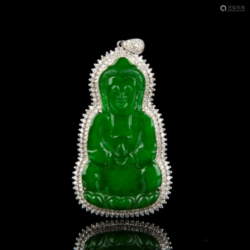 Carved Green Jadeite & Diamond Guanyin Pendent
