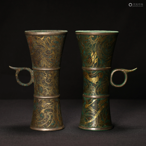 Pair Of Gold And Silver Inlaid Bronze Cups