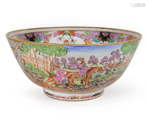 Chinese Export Famille Rose Porcelain 'Hunt' Punch Bowl