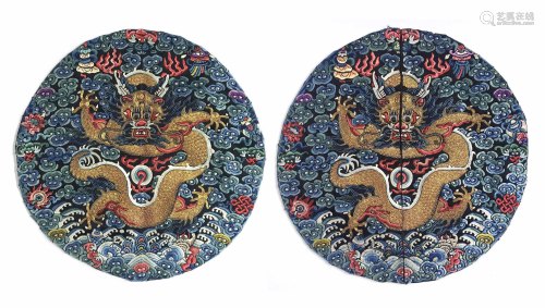 Pair of Imperial Silk 'Dragon' Roundel, Guangxu Period.