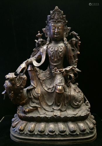 Large Ming Bronze Figure Of Guanyin on Lion