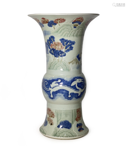 19th C. Large Porcelain 'Dragon & Landscape' Gu Vase