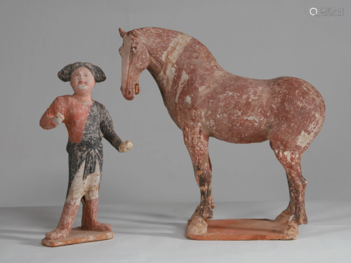 Chinese Painted Pottery Horse with Original Groom, TL