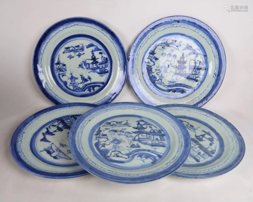 5 Chinese Canton Blue & White Dinner Plates