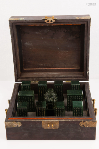 A Set Of Carved Spinach Jade Seals in Wooden Box