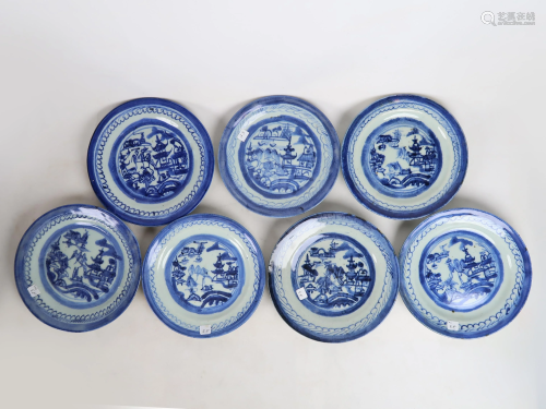 7 Chinese Canton Blue & White Side Dishes