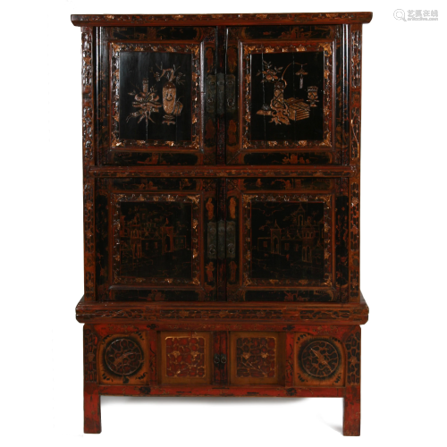 Chinese Carved & Painted Cabinet, 19th C.