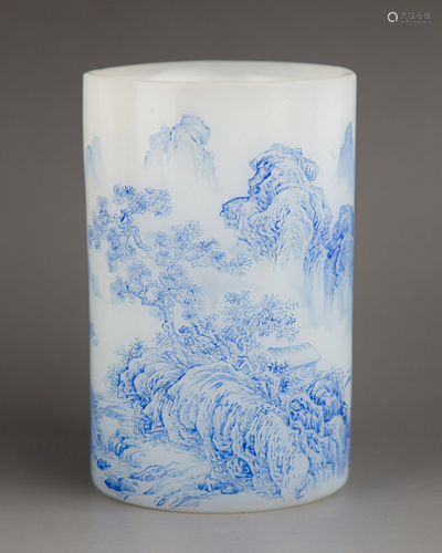 A Blue-Enamel On White Glass Brush Holder, Qianlong