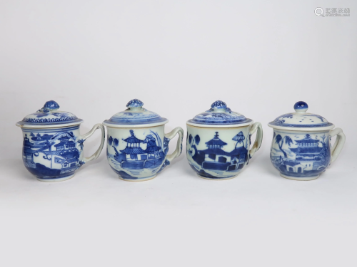Chinese Canton Blue & White Pudding Cups & Lid