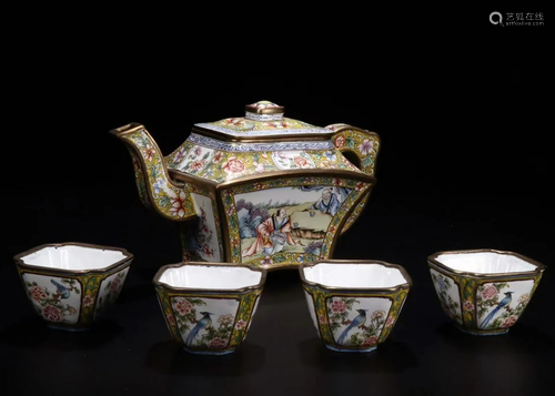 Painted Enamel Bronze Teapot & Cups, Qianlong Mark