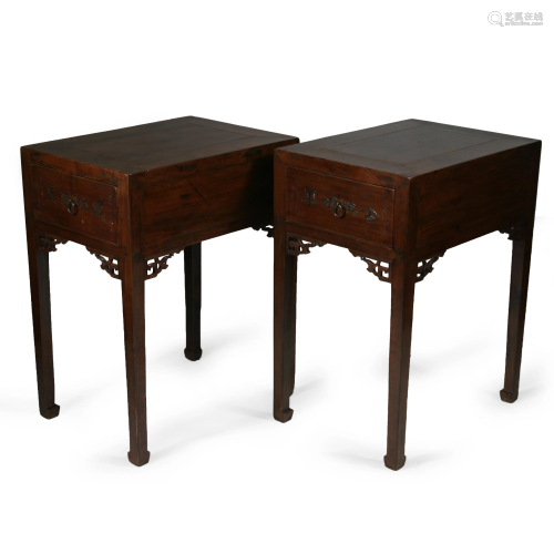 Pair Chinese Walnut Side tables with Drawers, 19th C.