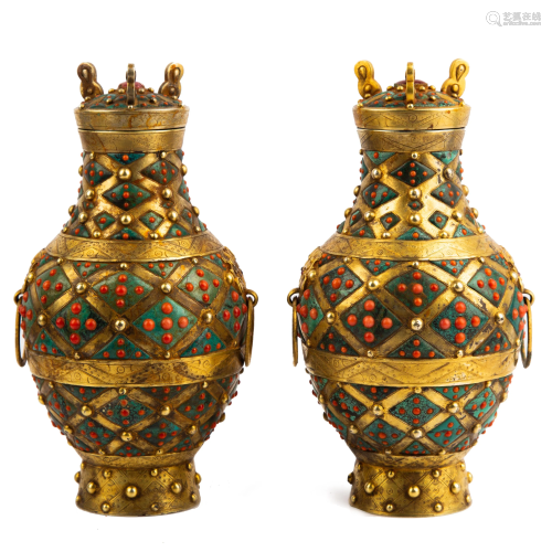 Pair Of Gemstone-Inlaid Gilt Silver Vases with