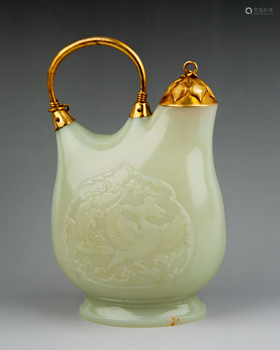 Rare and Fine Carved White Jade Phoenix Pot With Gilt