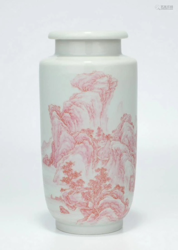 White And Red Glazed 'Landscape' Porcelain Vase,