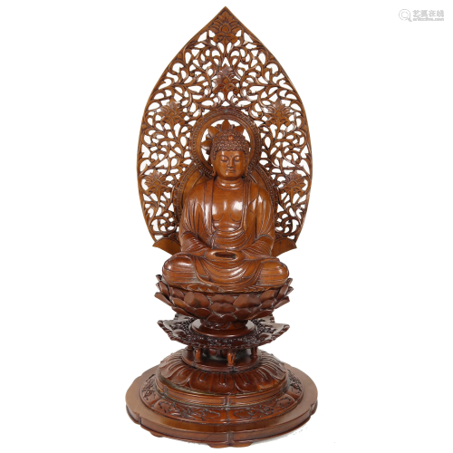 Carved Boxwood Buddha On Lotus Altar Stand