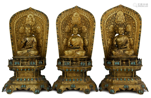 Three Gilt Bronze Buddha On Turquoise-Inlaid Altar