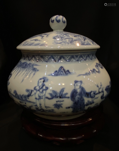 Blue And White 'Figural' Porcelain Jar And Cover