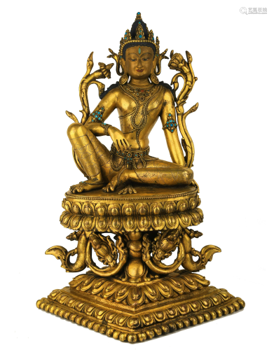 Large Gitl Bronze Figure Of Avalokitesvara On Altar
