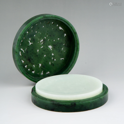 Finley Carved Spinach & White Jade Inkstone & Box,