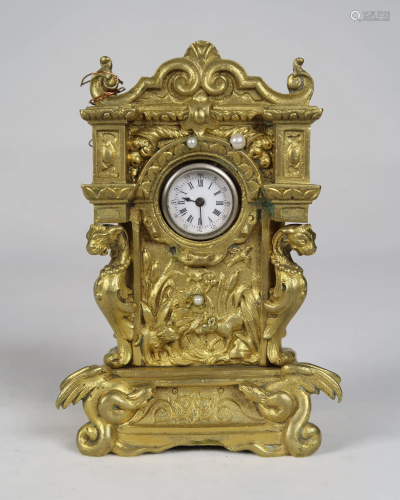 Miniature Gilt Bronze & Pearl-Inlaid Clock
