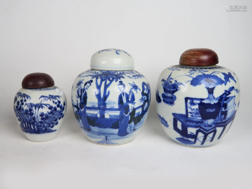 Three Chinese Blue & White Ginger Jars