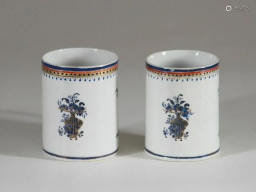 Pair of Enameled Chinese Export Mugs, Late 18th C.