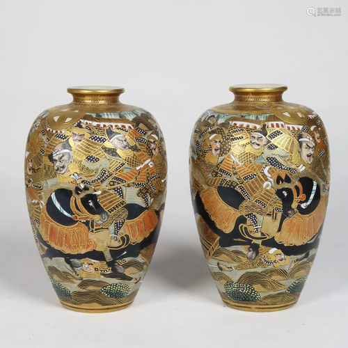 Pair Of Japanese Satsuma Earthenware Vases, Meiji