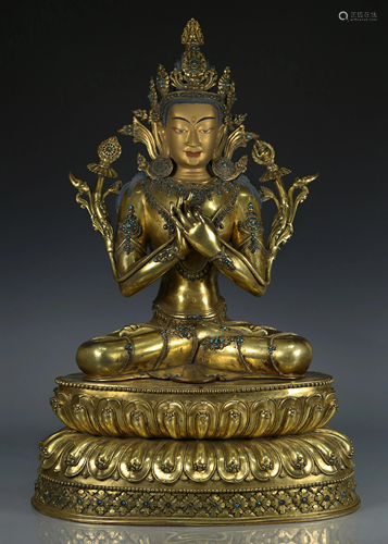 Large Inscribed Turquoise-Inlaid Gilt Bronze Figure Of