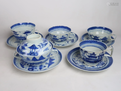 Chinese Canton Blue & White Assorted Cups & Saucers