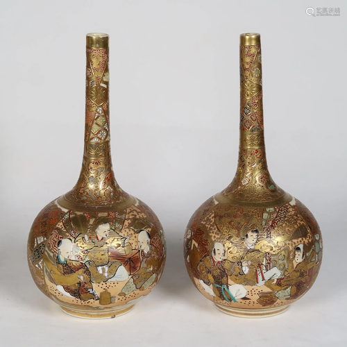 Pair Of Japanese Satsuma Earthenware Vases, Meiji