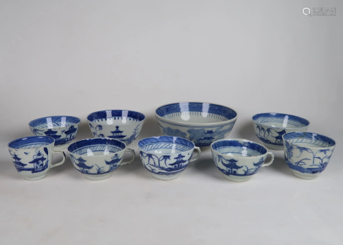Chinese Canton Blue & White 5 Cups & 4 Bowls