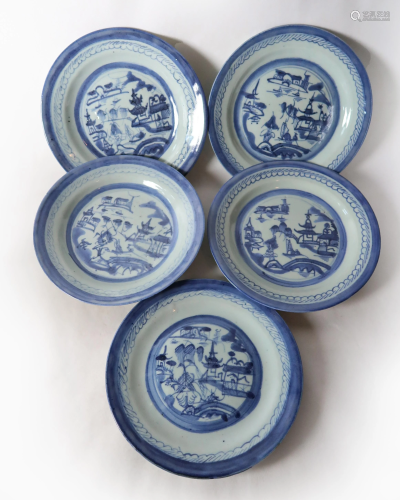 Five Chinese Canton Blue & White Dinner Plates