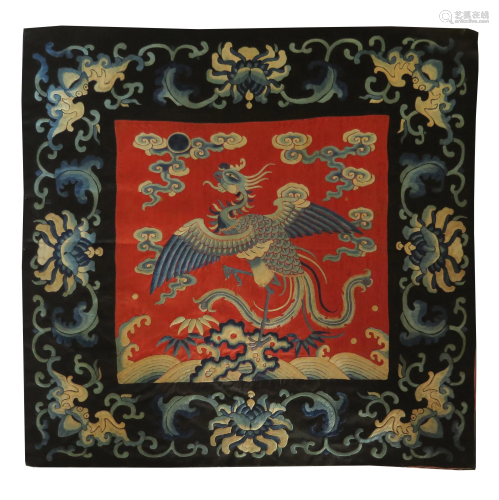 18th C. Embroidered Silk Panel Depicting A Phoenix