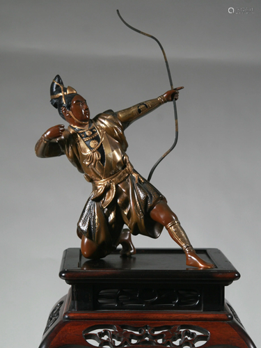 Japanese Bronze Archer On Tall Hardwood Stand