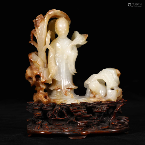 Carved Hetian Jade Maiden Figure on Stand