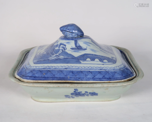 Chinese Canton Blue & White Square Covered Dish