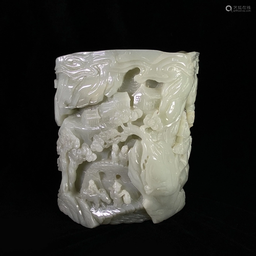 Carved Jade 'Landscape & Figural' Brush Pot