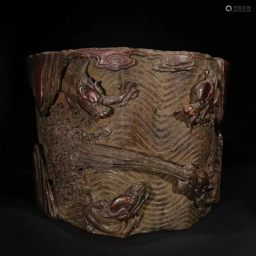 Intricately Carved Chenxiang Agarwood Brush Washer