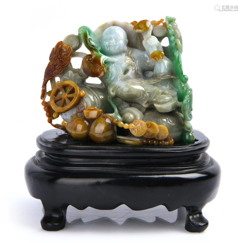 Carved and Pierced Jadeite Carving on Wood Stand
