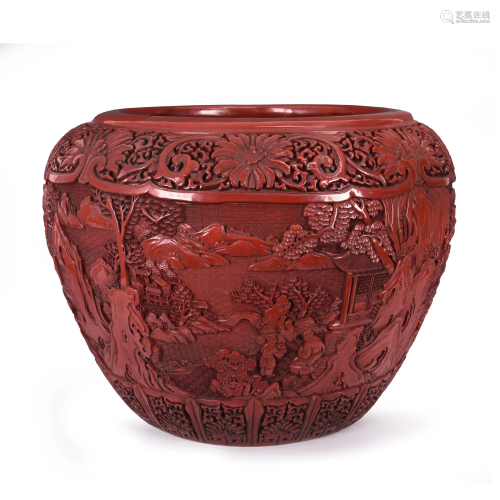 Finely Carved Large Red Cinnabar Lacquered Jar, Qianlon