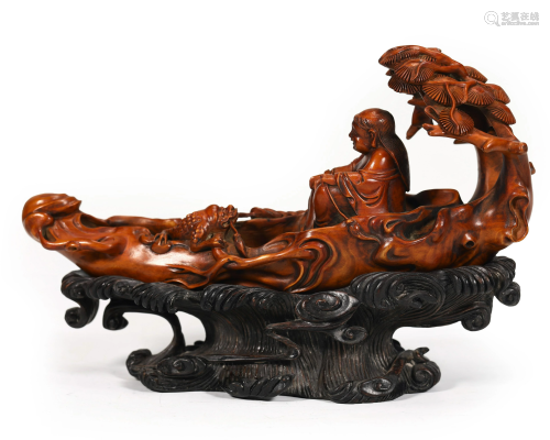 Carved Boxwood Figure On Boat with Stand