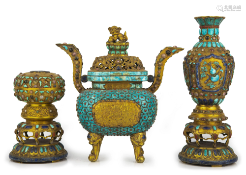 Set of Gem-Inlaid Gilt Bronze Incense Burner & Vases