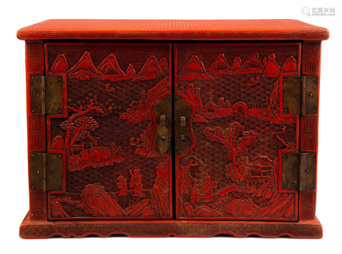Finely Carved Red Cinnabar Lacqured Cabinet