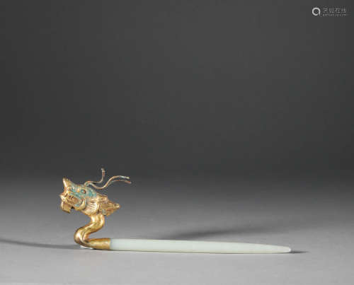 Bronze gilded jade hairpin of Liao Dynasty