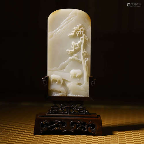 白玉山水诗文插屏A WHITE JADE MOUNTAIN AND RIVER POEM TABLE S...