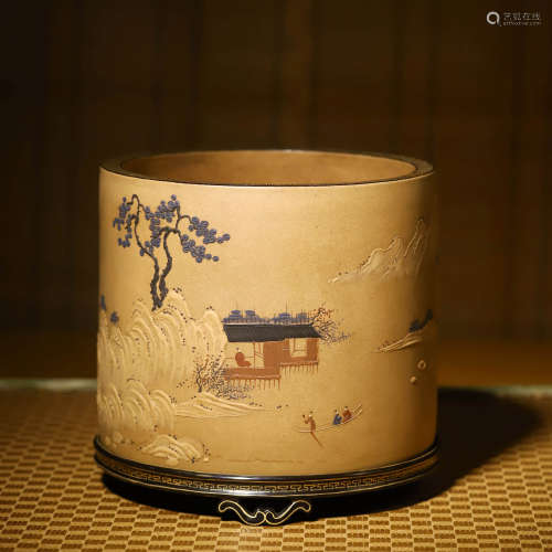 紫砂山水人物笔筒A REDWARE MOUNTAIN AND RIVER BRUSH POT 