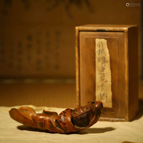 竹根雕莲花香插A BAMBOO CARVING OF A LOTUS INCENSE HOLDER AND...